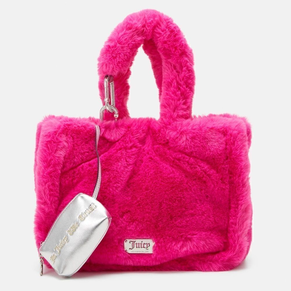 Juicy Couture Berry Fuchsia Faux Fur Tote Shopping Bag & Metallic Mini Pouch
